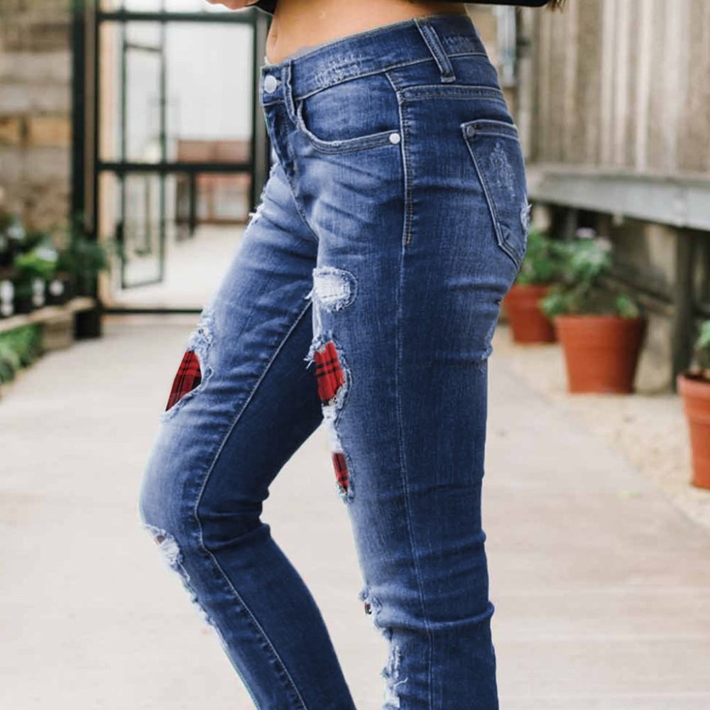 💜 New Distressed Plaid Patched Jeans - Picture 2 of 6